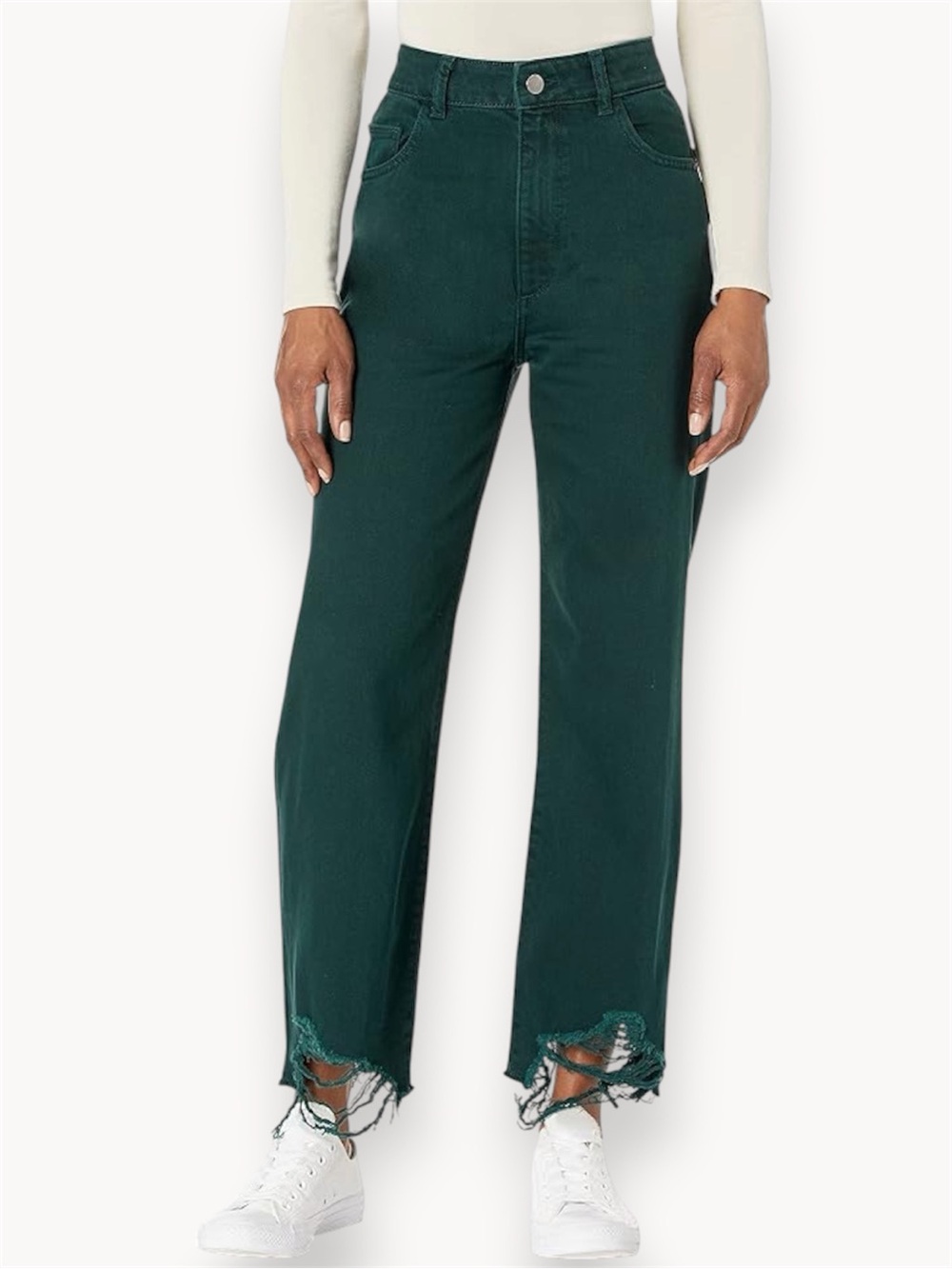 DL1961 High-Rise Dark Green Straight-Leg Jeans with Raw Hem